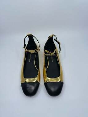 Stuart Weitzman Gold Metallic Mary Jane Flats with Black Cap Toe